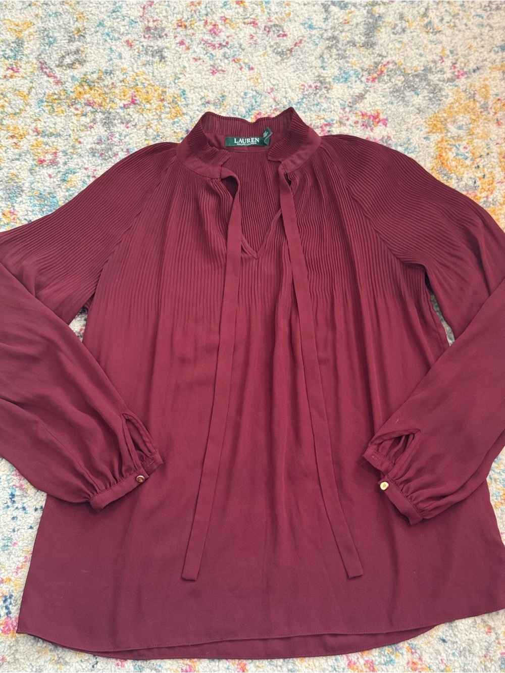 Ralph Lauren Burgundy Tie-Neck Pleated Blouse Size XS